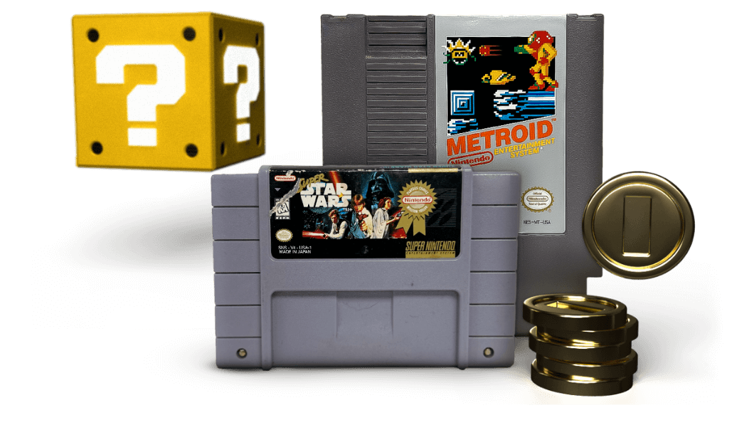 an image showing a 3d version of a mario coin box, two classic video games. One game is Metroid for regular nintendo and the other is star wars for super nintendo. On the right side of this image there is a pile of coins for decorative purposes with a vertical bar on the center of the coin. 