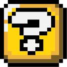 A small pixelated image of a coin box depicting something similar to Super Mario Brothers coin box and also similar to the level up gaming store logo. 